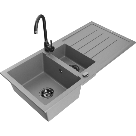 Mexen Andres 1.5-compartment granite sink with a drip tray and kitchen mixer tap Telma, Grey - 6515-71-670200-70-B