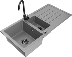 Mexen Andres granite kitchen sink 1.5-bowl with drainer and kitchen faucet Telma, gray - 6515-71-670200-70-B