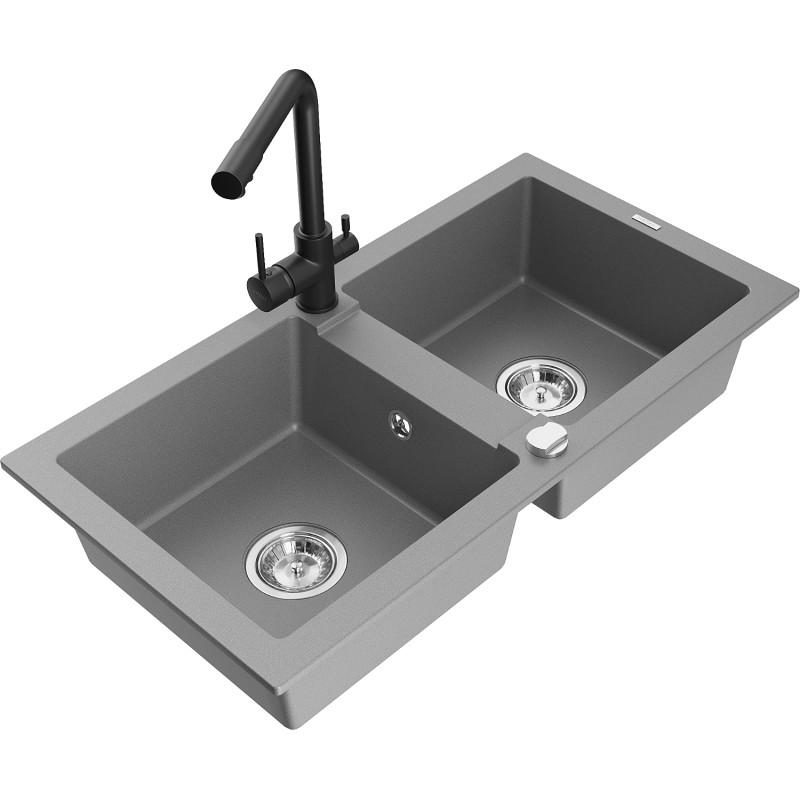 Mexen Mario 2-Bowl Granite Sink with Duero Kitchen Faucet, Gray - 6504-71-671600-70
