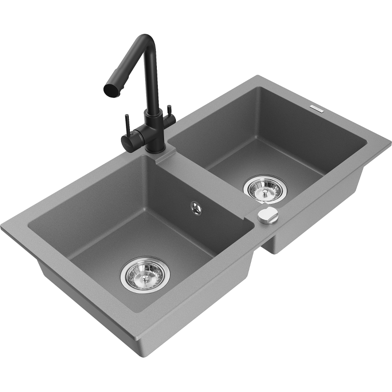 Mexen Mario granite sink 2-bowl with Duero kitchen tap, grey - 6504-71-671600-70