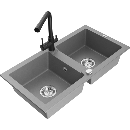 Mexen Mario granite sink 2-bowl with Duero kitchen tap, grey - 6504-71-671600-70