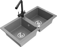 Mexen Mario granite sink 2-bowl with Duero kitchen tap, grey - 6504-71-671600-70