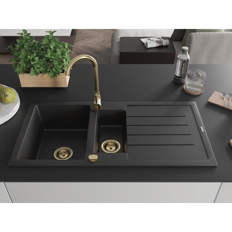 Mexen Andres granite kitchen sink 1.5-bowl with drainer and kitchen faucet Telma, black/silver - 6515-73-670200-50