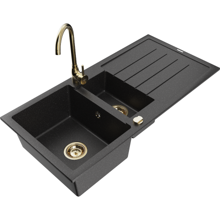 Mexen Andres granite kitchen sink 1.5-bowl with drainer and kitchen faucet Telma, black/silver - 6515-73-670200-50
