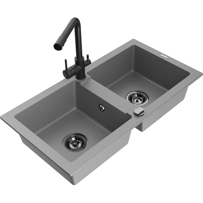 Mexen Mario 2-chamber granite sink with Duero kitchen faucet, gray - 6504-71-671600-70-B