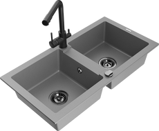Mexen Mario 2-chamber granite sink with Duero kitchen faucet, gray - 6504-71-671600-70-B