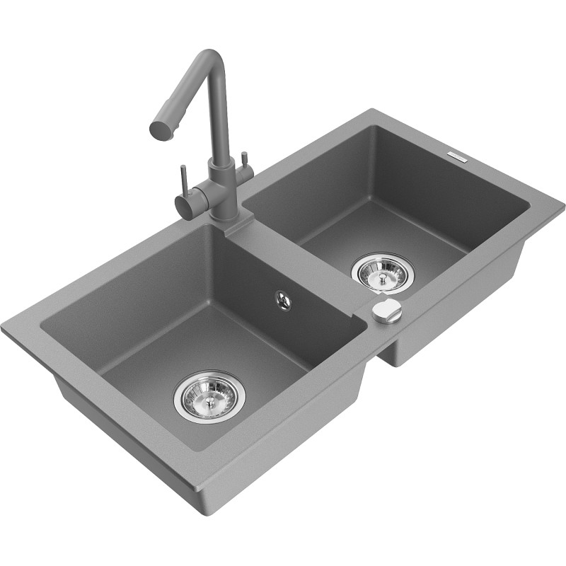 Mexen Mario 2-bowl granite kitchen sink with Duero kitchen faucet, gray - 6504-71-671600-71