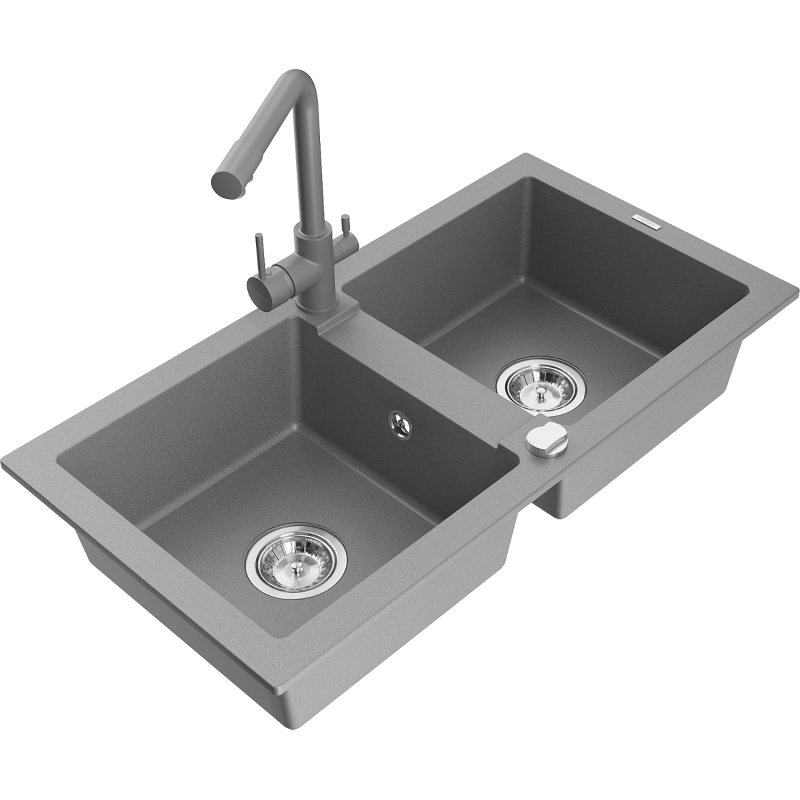 Mexen Mario 2-Bowl Granite Sink with Duero Kitchen Tap, Grey - 6504-71-671600-71