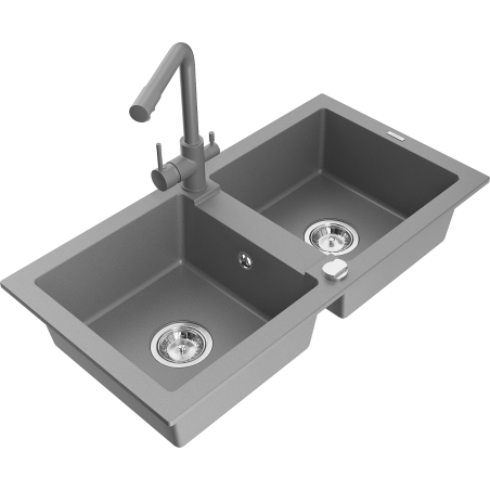 Mexen Mario 2-Bowl Granite Sink with Duero Kitchen Tap, Grey - 6504-71-671600-71