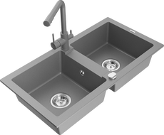 Mexen Mario 2-Bowl Granite Sink with Duero Kitchen Tap, Grey - 6504-71-671600-71