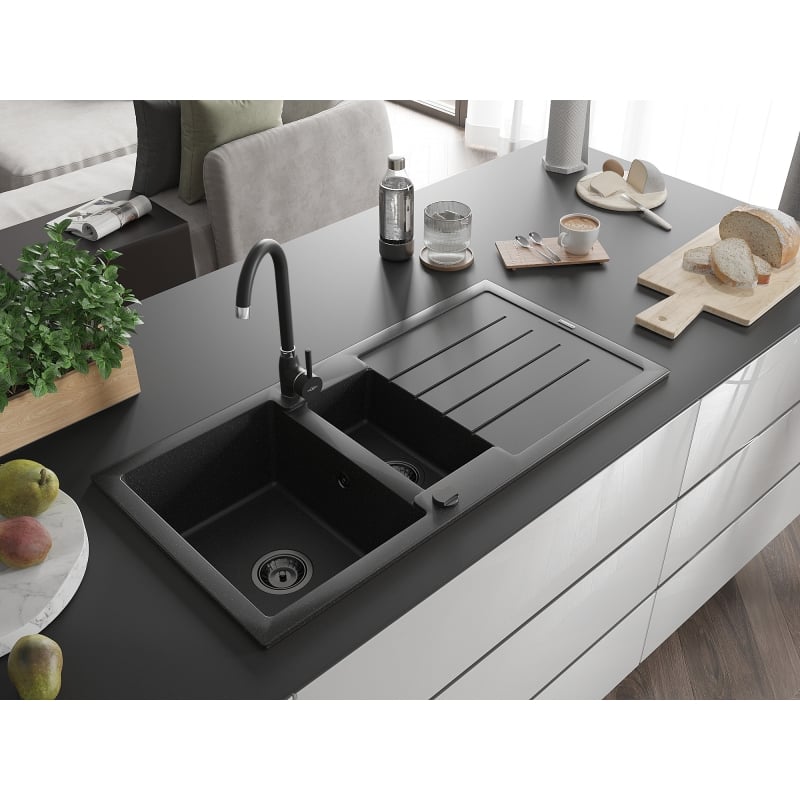 Mexen Andres 1.5-bowl granite sink with drainer and Telma kitchen faucet, black/silver - 6515-73-670200-70-B