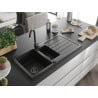 Mexen Andres 1.5-bowl granite sink with drainer and Telma kitchen faucet, black/silver - 6515-73-670200-70-B