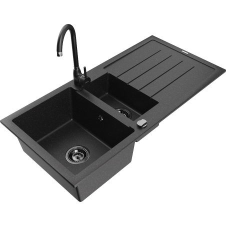 Mexen Andres 1.5-bowl granite sink with drainer and Telma kitchen faucet, black/silver - 6515-73-670200-70-B