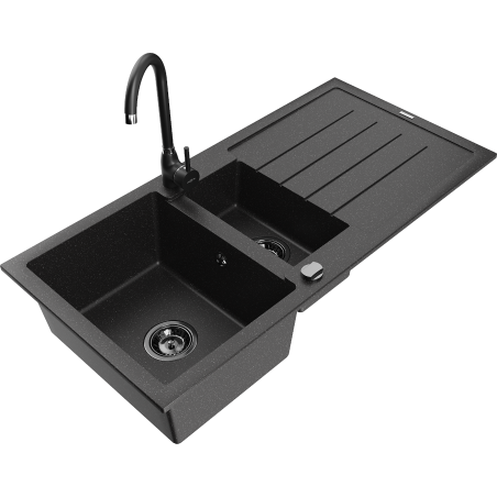 Mexen Andres granite kitchen sink 1.5-bowl with drainer and Telma kitchen faucet, black/silver - 6515-73-670200-70-B
