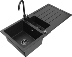 Mexen Andres 1.5-bowl granite sink with drainer and Telma kitchen faucet, black/silver - 6515-73-670200-70-B