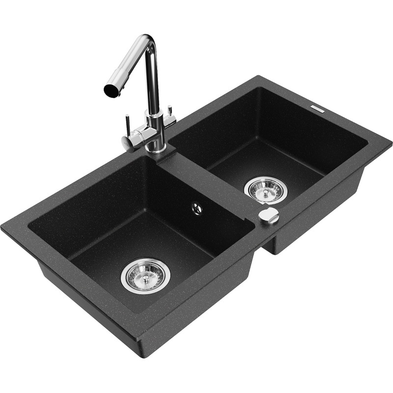 Mexen Mario granite double-bowl sink with Duero kitchen faucet, black/silver metallic - 6504-73-671600-00