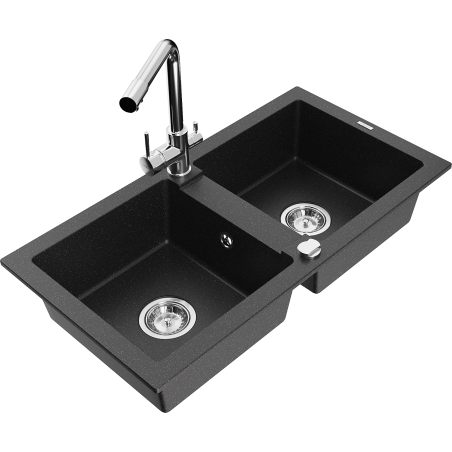 Mexen Mario 2-bowl granite sink with kitchen faucet Duero, black/silver metallic - 6504-73-671600-00