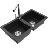 Mexen Mario 2-bowl granite sink with kitchen faucet Duero, black/silver metallic - 6504-73-671600-00