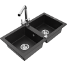 Mexen Mario granite sink 2-bowl with Duero kitchen tap, black/silver metallic - 6504-73-671600-00