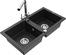 Mexen Mario granite sink 2-bowl with Duero kitchen tap, black/silver metallic - 6504-73-671600-00