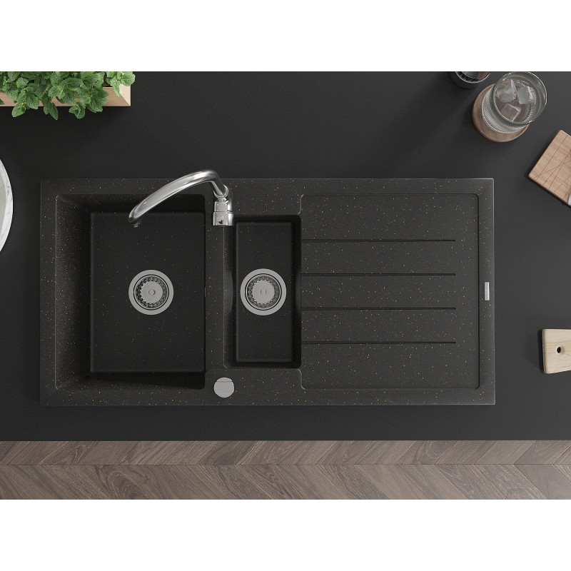Mexen Andres granite sink 1.5-bowl with drainer and Telma kitchen faucet, black/gold - 6515-75-670200-00
