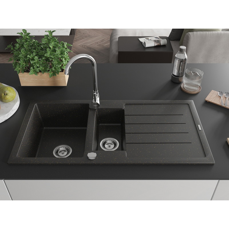 Mexen Andres granite sink 1.5-bowl with drainer and Telma kitchen faucet, black/gold - 6515-75-670200-00