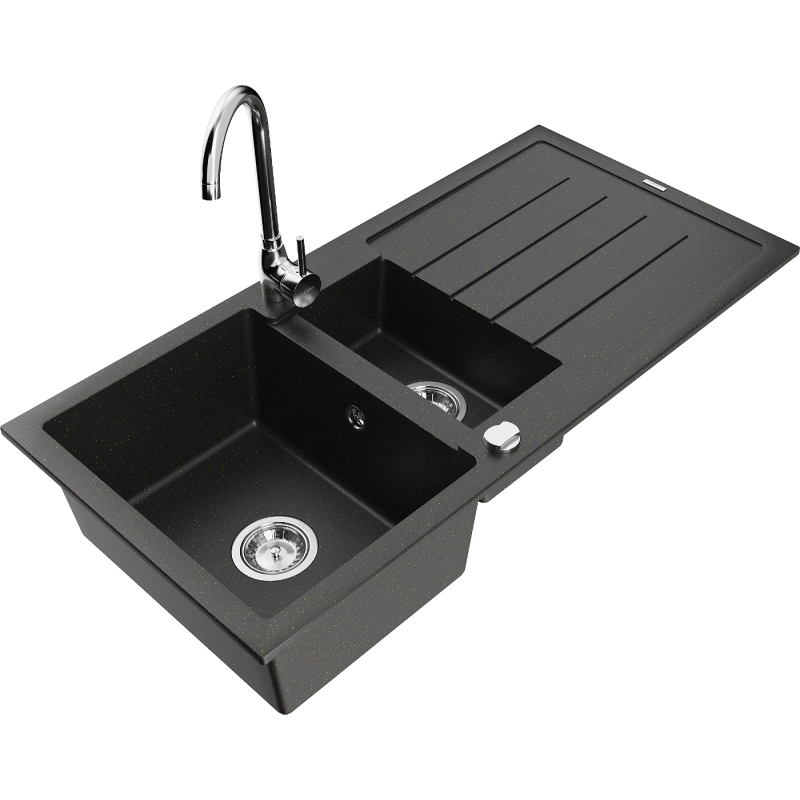 Mexen Andres 1.5-bowl Granite Sink with Drainer and Telma Kitchen Tap, Black/Gold - 6515-75-670200-00