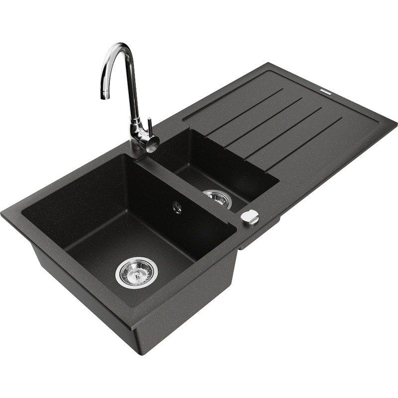 Mexen Andres granite sink 1.5-bowl with drainer and Telma kitchen faucet, black/gold - 6515-75-670200-00