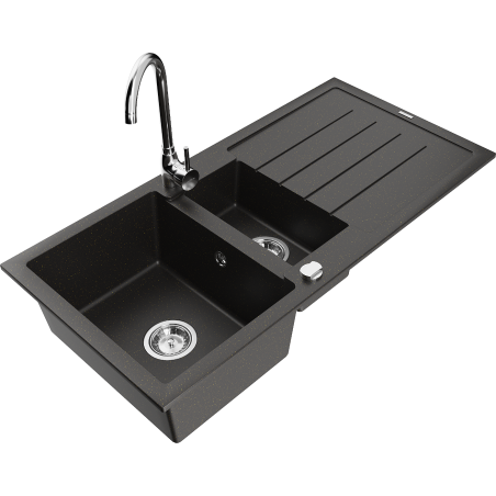 Mexen Andres 1.5-bowl Granite Sink with Drainer and Telma Kitchen Tap, Black/Gold - 6515-75-670200-00