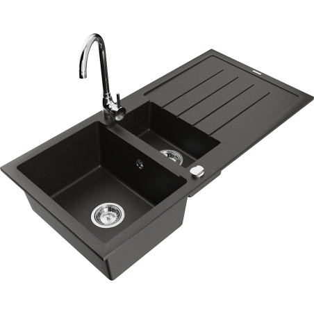 Mexen Andres granite sink 1.5-bowl with drainer and kitchen faucet Telma, black/gold - 6515-75-670200-00