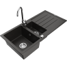 Mexen Andres granite sink 1.5-bowl with drainer and Telma kitchen faucet, black/gold - 6515-75-670200-00