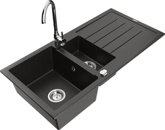 Mexen Andres granite sink 1.5-bowl with drainer and kitchen faucet Telma, black/gold - 6515-75-670200-00