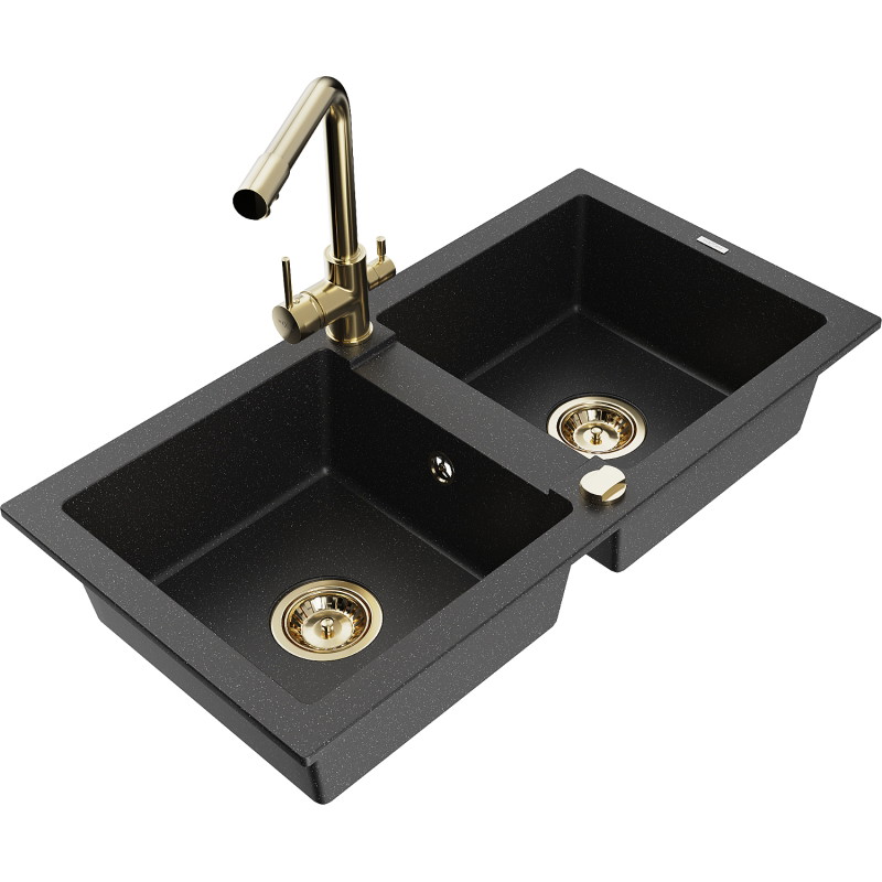 Mexen Mario 2-bowl granite sink with Duero kitchen faucet, black/silver metallic - 6504-73-671600-50