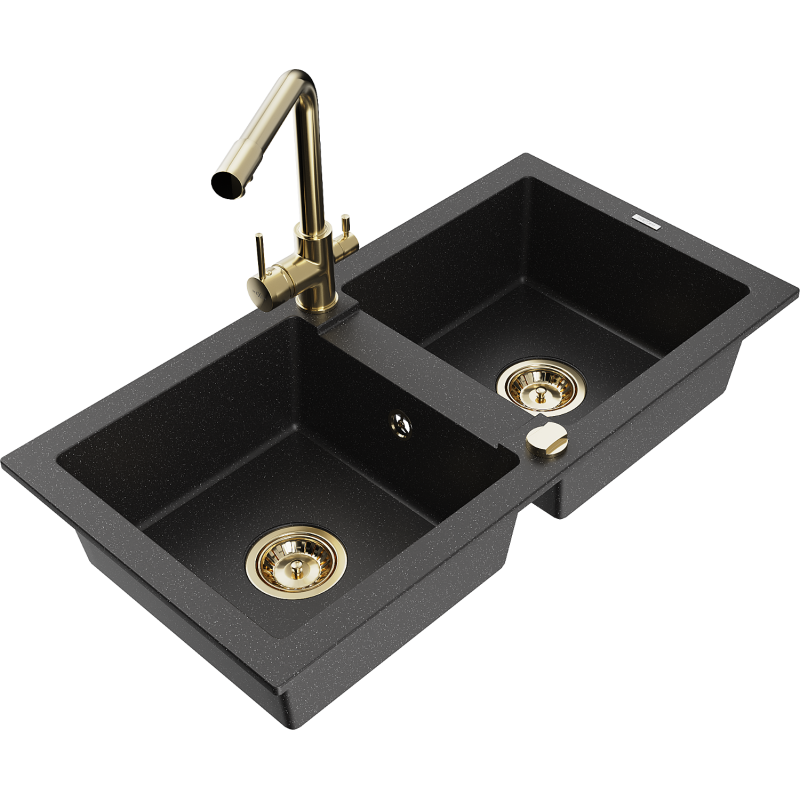 Mexen Mario granite sink 2-bowl with Duero kitchen tap, black/silver metallic - 6504-73-671600-50