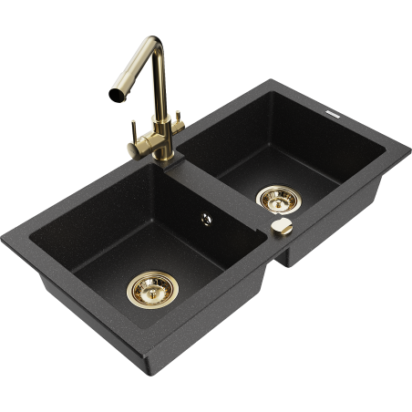 Mexen Mario granite double-bowl kitchen sink with Duero faucet, black/silver metallic - 6504-73-671600-50