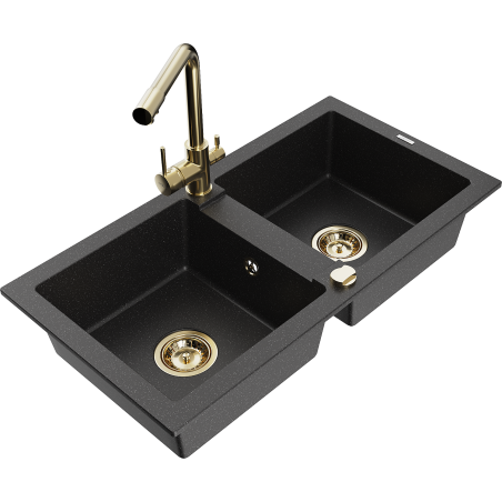 Mexen Mario granite sink 2-bowl with Duero kitchen tap, black/silver metallic - 6504-73-671600-50