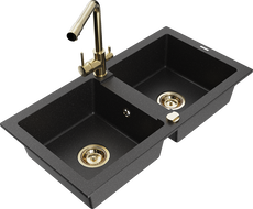 Mexen Mario granite sink 2-bowl with Duero kitchen tap, black/silver metallic - 6504-73-671600-50