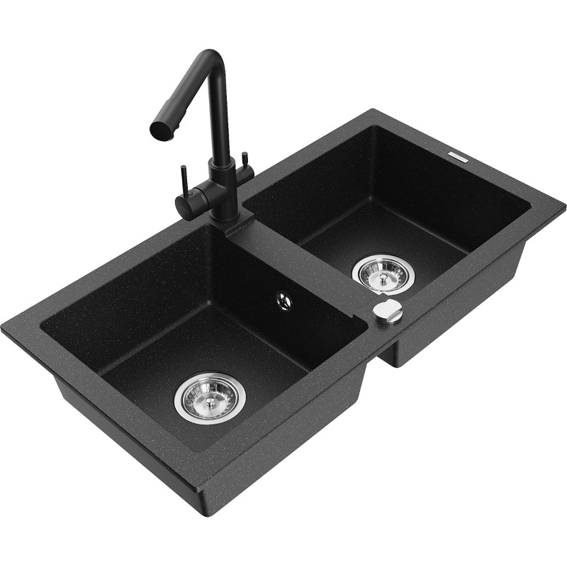 Mexen Mario granite double-bowl sink with Duero kitchen faucet, black/silver metallic - 6504-73-671600-70