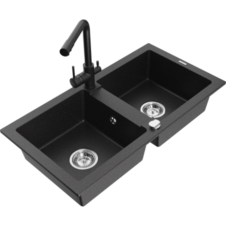 Mexen Mario 2-Bowl Granite Sink with Duero Kitchen Faucet, Black/Silver Metallic - 6504-73-671600-70