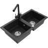 Mexen Mario granite double-bowl sink with Duero kitchen faucet, black/silver metallic - 6504-73-671600-70
