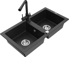 Mexen Mario 2-bowl granite kitchen sink with Duero kitchen tap, black/silver metallic - 6504-73-671600-70