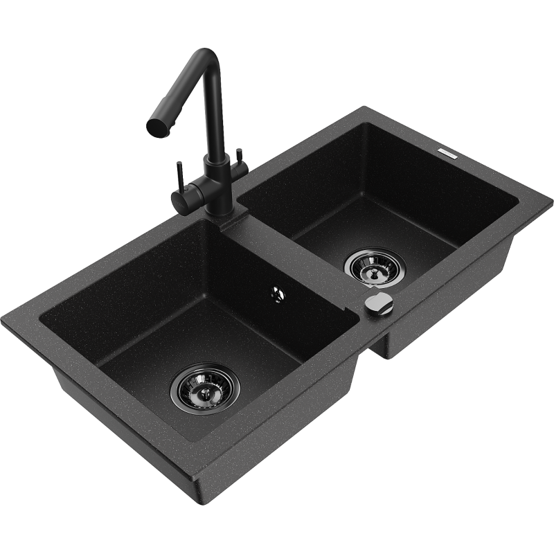 Mexen Mario 2-compartment granite sink with a kitchen mixer tap Duero, Black/Silver metallic - 6504-73-671600-70-B
