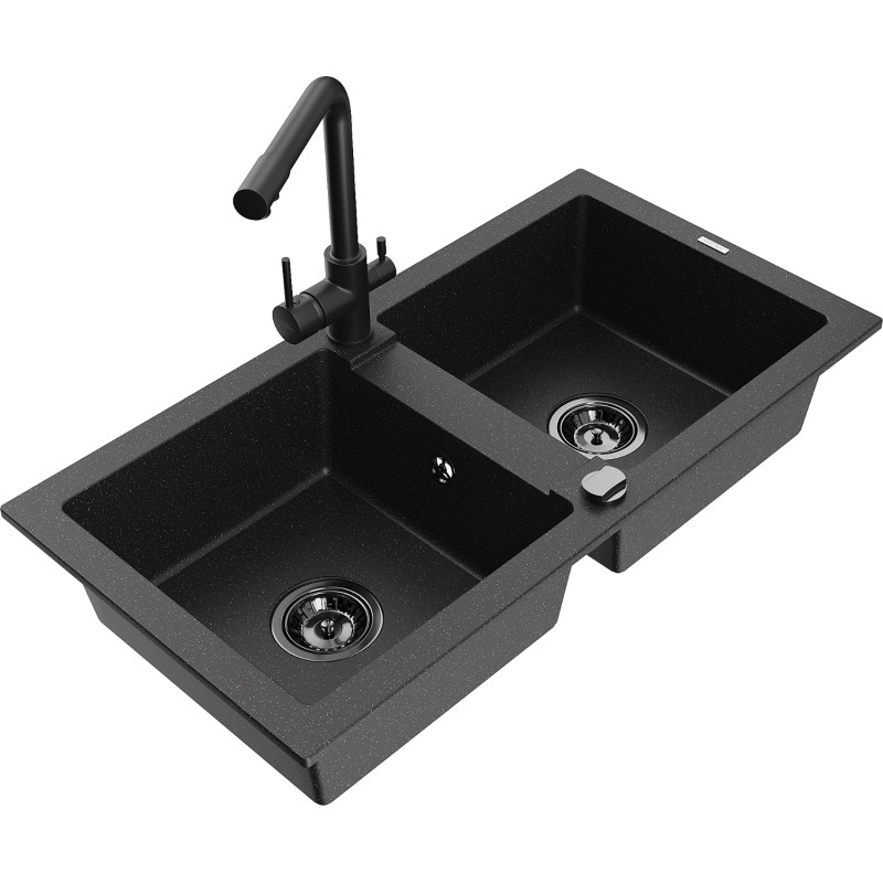 Mexen Mario granite double-bowl sink with Duero kitchen faucet, black/silver metallic - 6504-73-671600-70-B