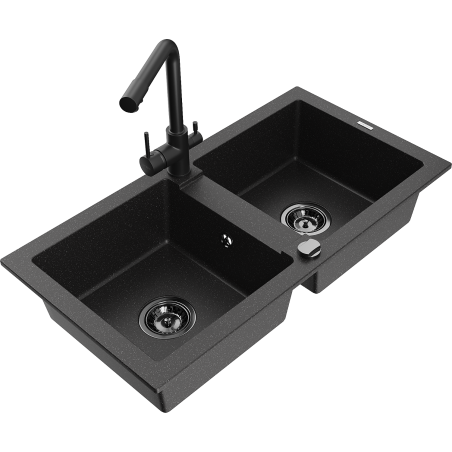 Mexen Mario 2-bowl granite sink with Duero kitchen faucet, black/silver metallic - 6504-73-671600-70-B
