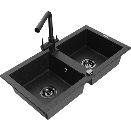 Mexen Mario 2-bowl Granite Sink with Duero Kitchen Tap, Black/Silver Metallic - 6504-73-671600-70-B