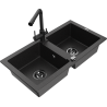 Mexen Mario 2-bowl granite sink with Duero kitchen faucet, black/silver metallic - 6504-73-671600-70-B