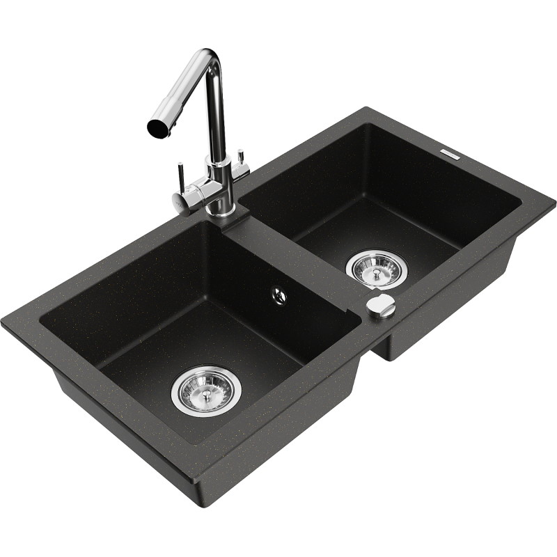 Mexen Mario granite double-bowl kitchen sink with Duero faucet, black/gold metallic - 6504-75-671600-00