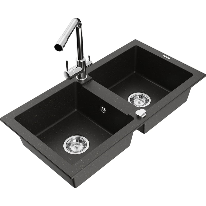 Mexen Mario granite double-bowl sink with Duero kitchen faucet, black/gold metallic - 6504-75-671600-00
