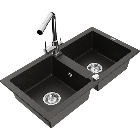 Mexen Mario granite double-bowl kitchen sink with Duero faucet, black/gold metallic - 6504-75-671600-00