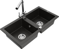 Mexen Mario granite double-bowl sink with Duero kitchen faucet, black/gold metallic - 6504-75-671600-00